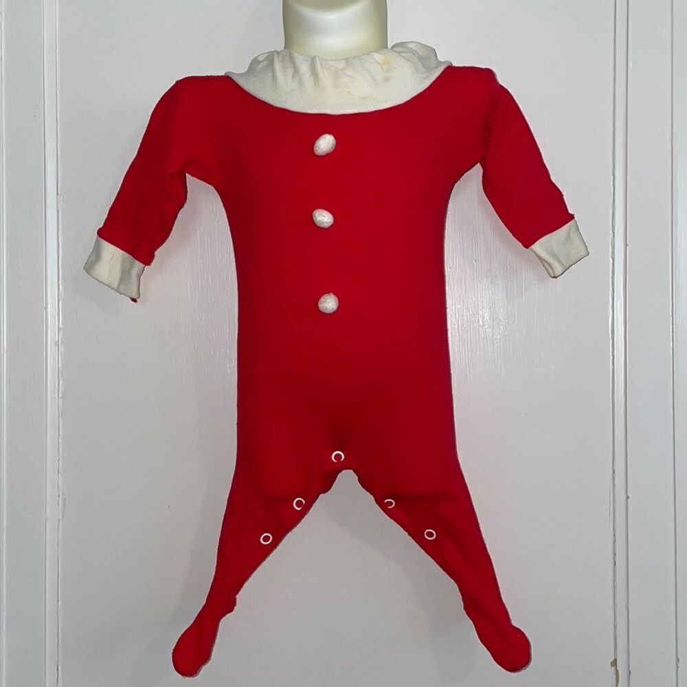Vtg Christmas red & white knit Santa Claus footie onesie/ white pom pompoms